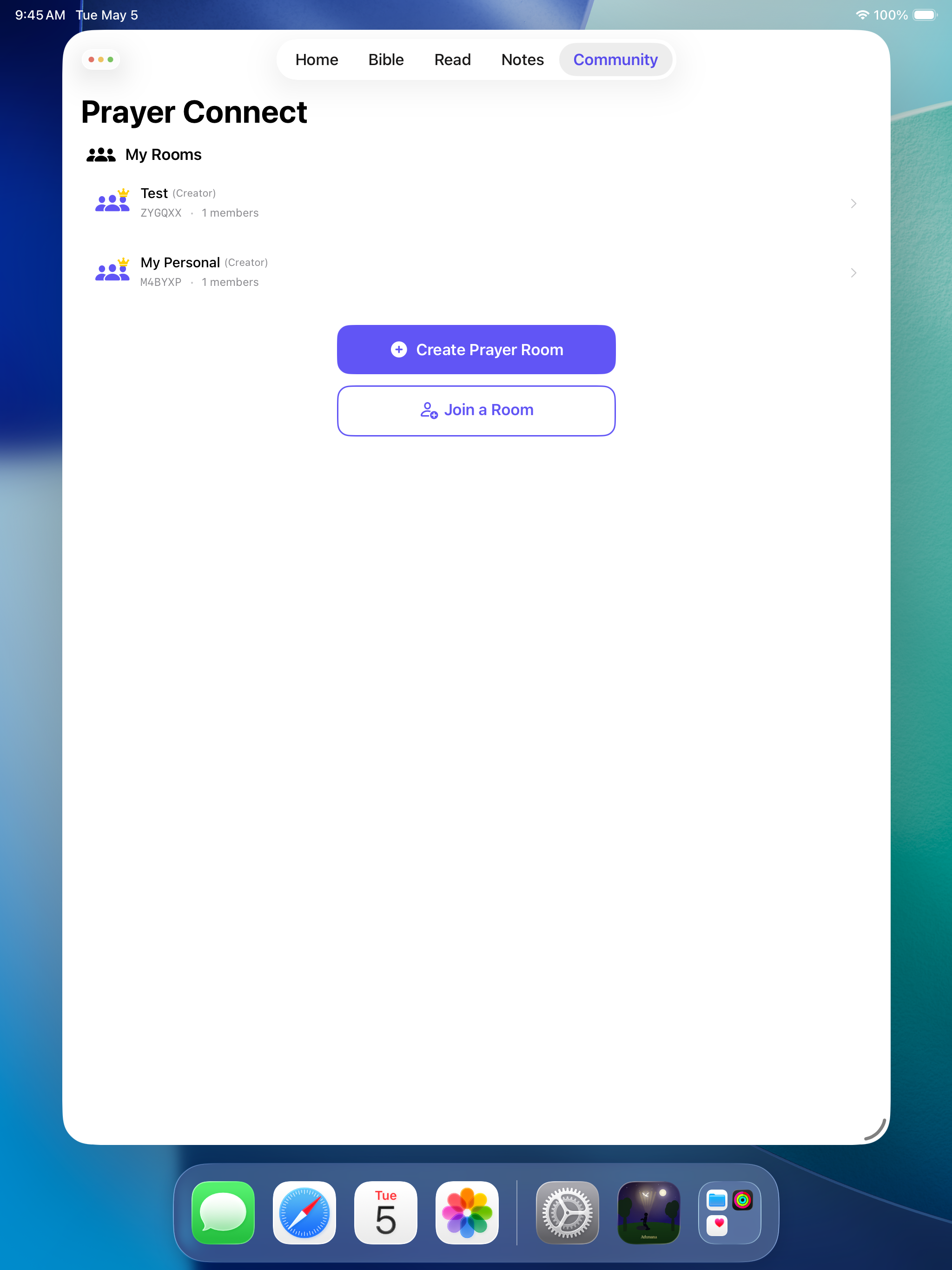 Athmana Prayer Connect on iPad showing My Rooms list with Test and My Personal rooms